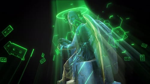 Neon Green Angel Statue with Headphones and Floating Cassette Tapes