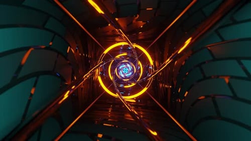 Reflective tunnel with neon circles and neon tubes. Loop animation