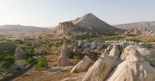Aerial view of rocky landscape with mountains, Cappadocia, Turkey