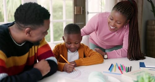 Black family, drawing and parents with child for education, learning and creative lesson at home