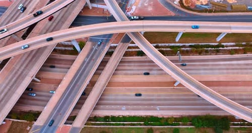 Flight over the trestles and multi-lane motorways in the intersection.