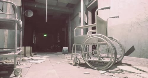 Abandoned Derelict Hospital Corridor with Wheelchair and Cart