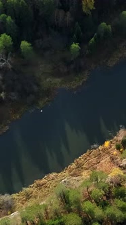 Aerial View of a Beautiful and Serene River Surrounded By Lush Scenic Forests and Trees Stock Clip