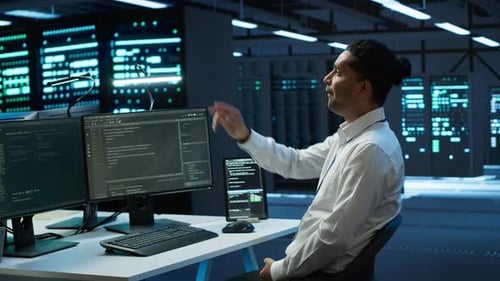 Data Analyst Working in Modern Server Room