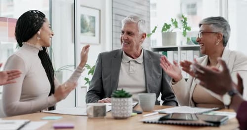 Business people, applause and meeting in congratulations for promotion or teamwork at the office