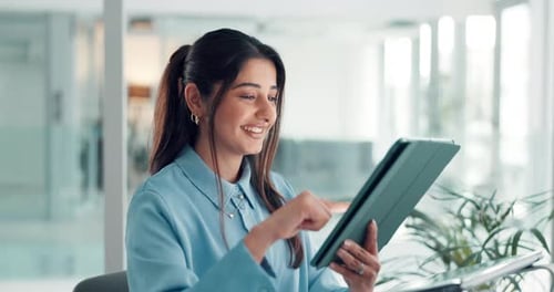 Business, tablet and woman in office, typing and creative agency with smile, copywriting and app