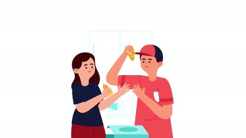 Flat Design Animation of Two People Preparing Pizza Slices