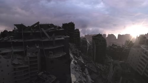 Military Helicopter flying above destroyed city after war, aerial view.