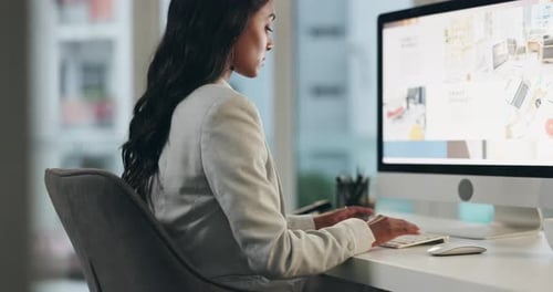 Computer, screen and business woman typing SEO research, company homepage layout