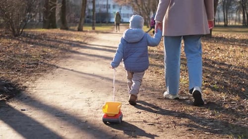 Happy Family Outdoor Back View of Mother and Her Child on Walk in Park Mom Walking Along Road with
