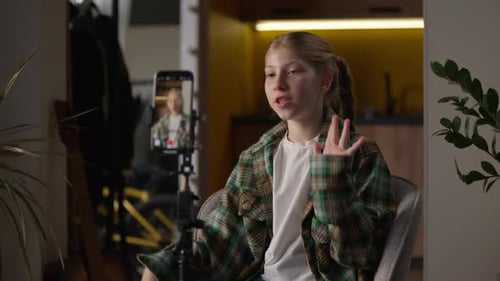 Happy Smiling Famous Little Girl Caucasian Teen Child Kid Influencer Schoolgirl at Home Record Video