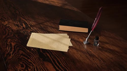 Old Wooden Desk with Book and Ink