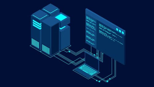 Concept of big data processing center loopable concept. Isometric Data center