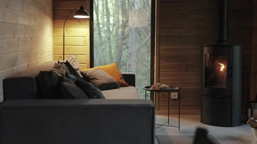 Cozy Cabin Interior with Fireplace and Wooded View