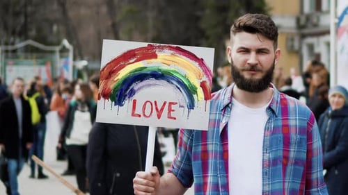 Gay Man Hold Lgbt Banner with Rainbow Love Coming Out Protest Lgbtq Placard