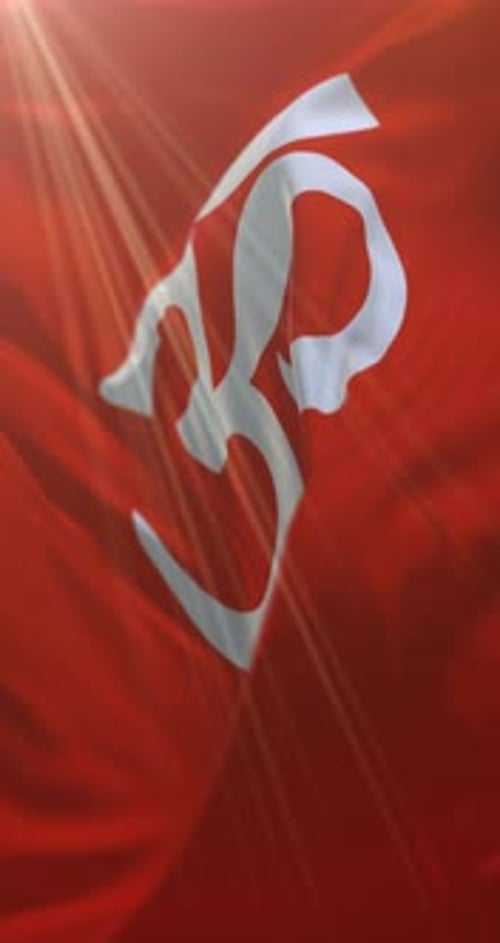 Realistic Waving Om Symbol Flag with Sun Rays