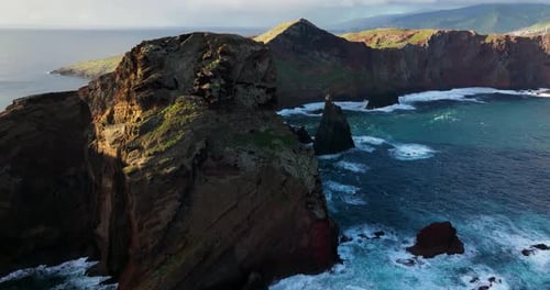 Cliffs At Ponta de Sao Lourenco On Madeira Island, Portugal - aerial drone shot