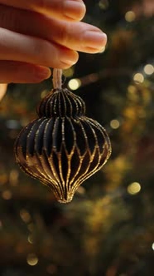 Vertical video. Close-Up of Woman's Hand in Red Sweater Holding a Black and Gold Handmade Ornament f