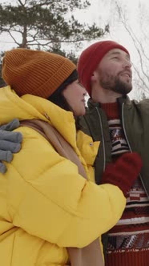 Joyful Couple Standing in Picturesque Mid-winter Woods Chatting About Scenery