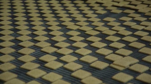 lots of square cookies on the conveyor belt