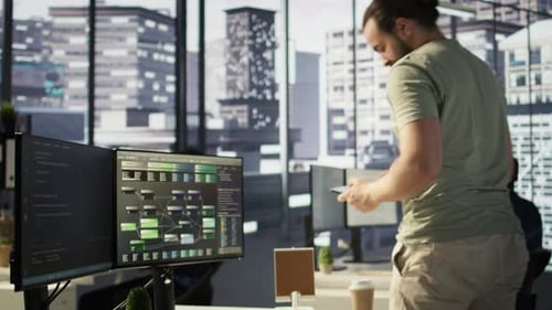 Programmer Developing Machine Learning APIs Checking Performance on Tablet