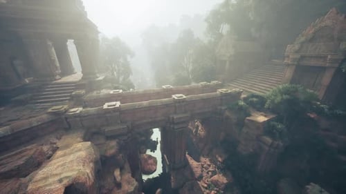 Des ruines anciennes entourent une vallée brumeuse à la lumière du petit matin