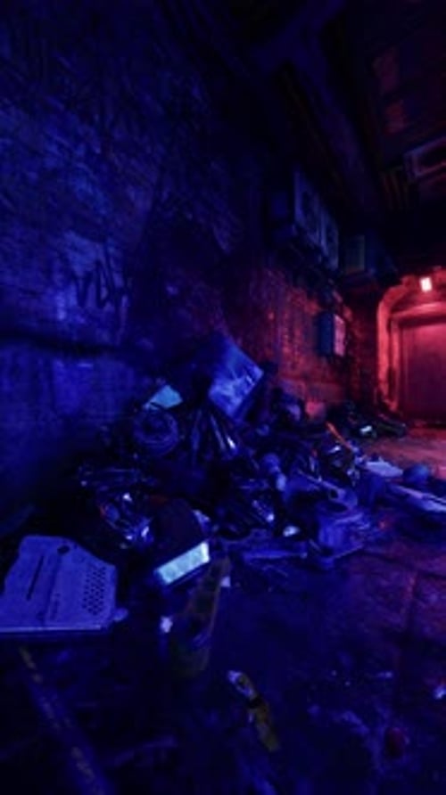 Habitación oscura con ordenador portátil y basura