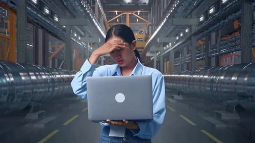 Worried Worker Holding Laptop in Industrial Environment