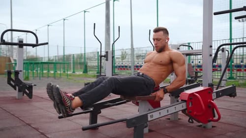 Muscular Man Naked Torso Doing an Exercise for Abdominal Muscles on Uneven Bars