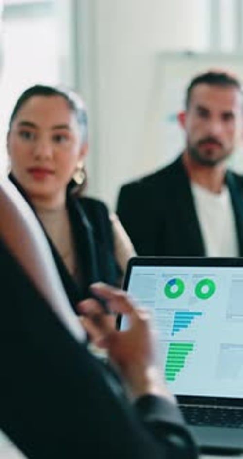 Laptop, woman and talk in office with people, market research or statistics for marketing strategy