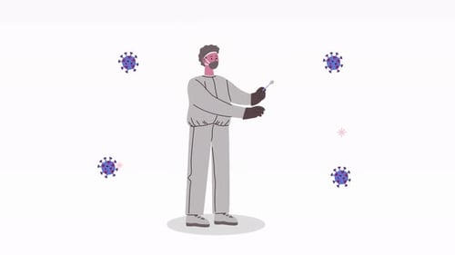 Animated Medical Professional Takes Sample Surrounded by Virus Particles