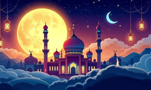 Animated Mosque with Full Moon and Lanterns for Ramadan and Eid