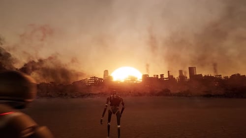 Epische Weitwinkelaufnahme einer riesigen Roboterarmee, die bei Sonnenuntergang in Richtung einer zerstörten Stadt marschiert, 3D-Animation