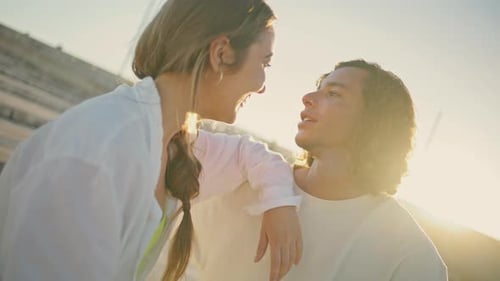 Happy People Kissing at Sunny Place Closeup Man Gently Touching Laughing Girl
