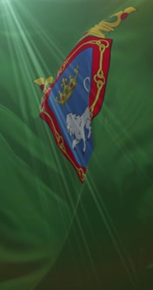 Waving Royal Banner with Crown and Lion Emblem