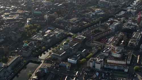 Dublin Downtown and Riverfront, Ireland. Aerial View of Four Courts Courthouse, River Liffey and Bui