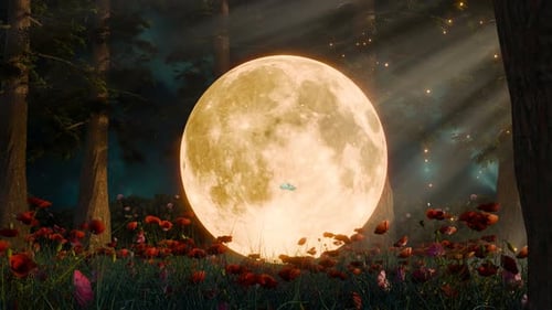 Full Moon In The Forest With Trees, Red flowers, and Butterfly Flying : Loop Animation