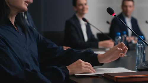 Political speaker presents leadership idea at business center meeting room