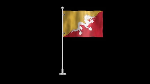 Bhutan Flag Waving on Flagpole Animated Loop