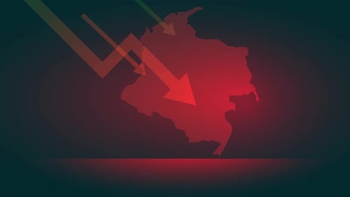 map colombia with red arrows down, economic crisis colombia animation 4k