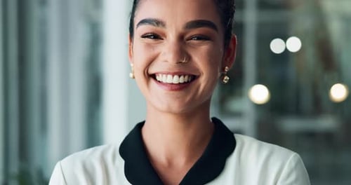 Face, woman and smile as accountant in financial agency with confidence