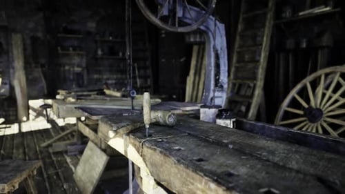 Vintage Wheelwright Workshop Scene with Craftsmen Shaping Spokes By Hand