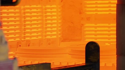 Metal parts inside an industrial furnace during forging process. Manufacturing of jet turbine parts