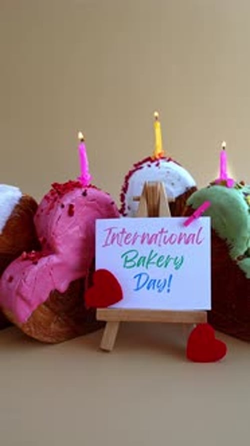 International Bakery Day Celebration with Candles Heart Shaped Different Variety Flavor Croissants