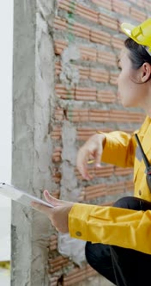 Asian female engineer inspects brick wall surface close up with clipboard, checking masonry