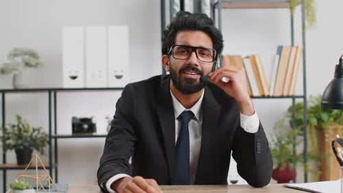 Businessman Working on Laptop Wearing Headset Call Center Support Service Operator Office Helpline
