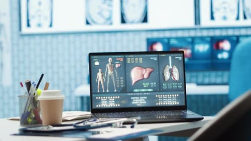Empty Medical Cabinet in Hospital with a Laptop and Diagnostic Tools Set Up