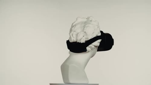Closeup Shot Ancient Marble Bust Statue of Roman Era Woman in Vr Glasses Spinning Round on a