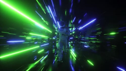 Astronaut Runing In Neon Glowing Tunnel