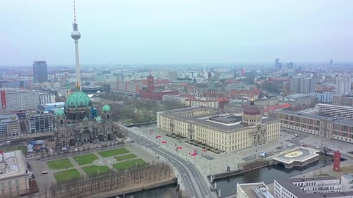 Urban aerial video over the city of Berlin Germany